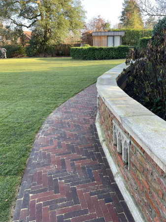 Wentworth Landscaping Reclaimed Brick Herringbone Path with Curved Garden Wall