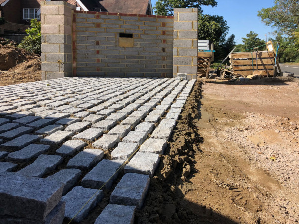 Wentworth Landscaping Granite Cobble Sett Driveway Installation with Brick Piers